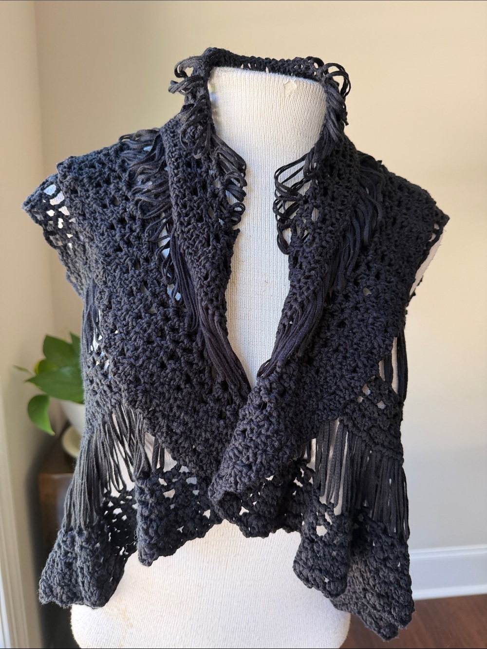 Hand Crafted Black Crochet Fringe Crop Vest